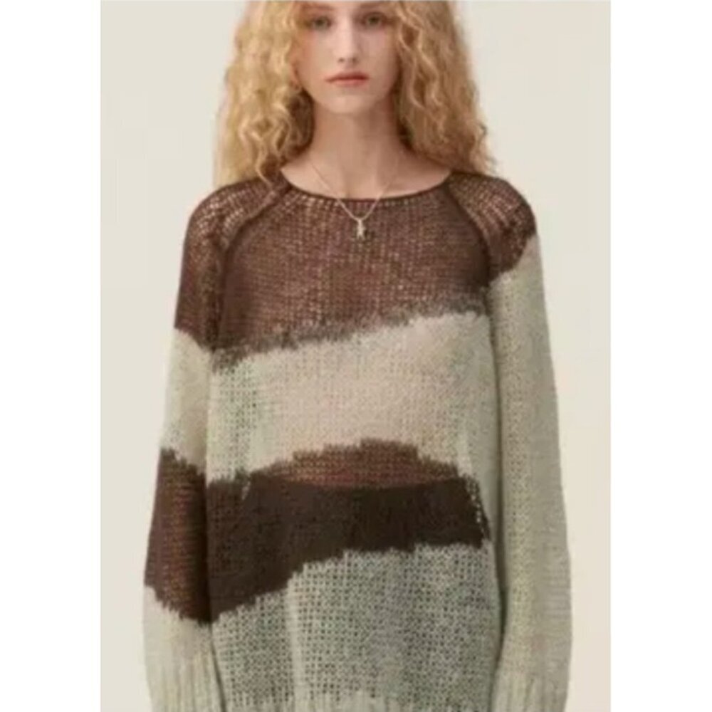 Theopen Product Boho Knit Mesh Sweater Multicolor Slouchy Pullover Artsy Grunge
